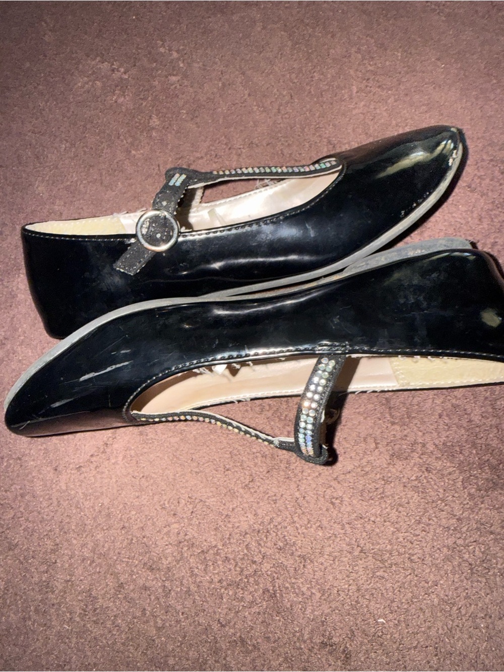 Girls Black Patent T-Strap Mary Jane Flats with Rhinestones - Picture 3 of 4